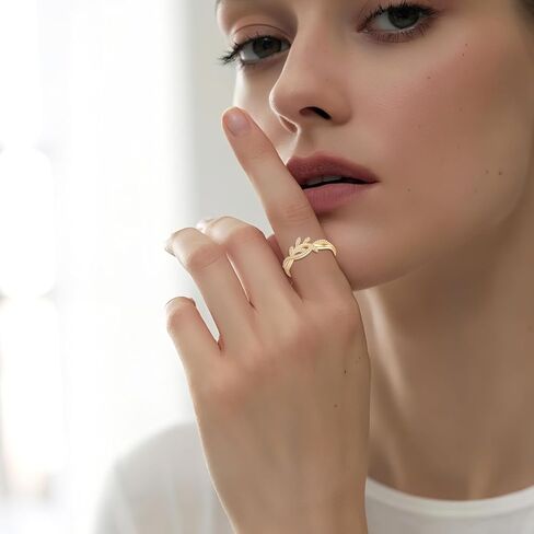 DOVRAN 14K Solid Gold Leaf Ring for Women Real Yellow Gold Leaf Cubic Zirconia Ring Elegant Jewelry Birthday Gifts for Wife Mom in Saudi Arabia