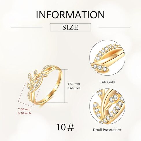 DOVRAN 14K Solid Gold Leaf Ring for Women Real Yellow Gold Leaf Cubic Zirconia Ring Elegant Jewelry Birthday Gifts for Wife Mom in Saudi Arabia