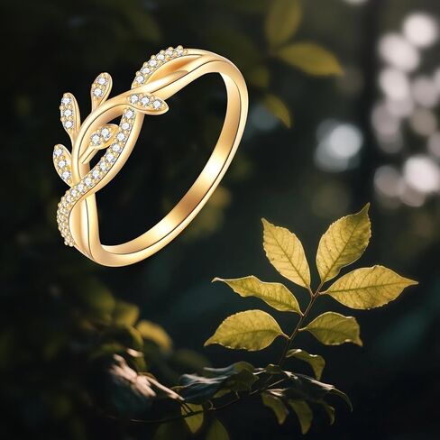 DOVRAN 14K Solid Gold Leaf Ring for Women Real Yellow Gold Leaf Cubic Zirconia Ring Elegant Jewelry Birthday Gifts for Wife Mom in Saudi Arabia
