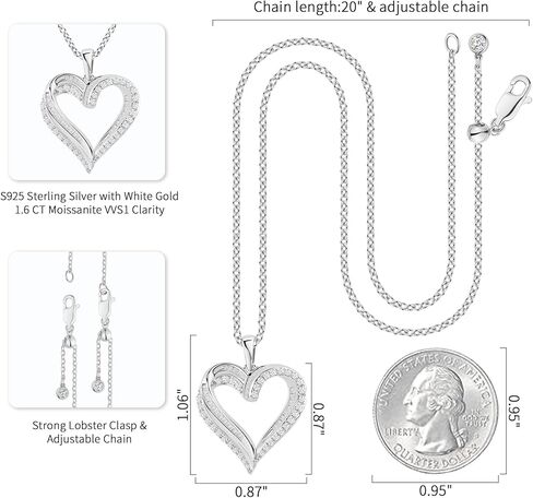 ASHINE Endless Love 1.6CT Moissanite Heart Necklace for Women, 925 Sterling Silver White Gold Plated, VVS1 Clarity Mixed-Cut Pendant in Kuwait