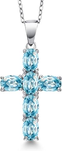Gem Stone King Cross Necklace for Women | 925 Sterling Silver | Christian Gifts | Oval 6X4MM | Gemstone Birthstone Necklace | Jesus Christian Religious Crucifix Necklace | With 18 Inch Silver Chain in Saudi Arabia