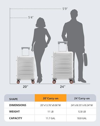 YYW Full Aluminum Frame Carry On Luggage - Airline Approved Hardside Spinner Suitcase with TSA Lock, Lightweight Suitcase and Silent Wheels Ideal for Business Travel in Saudi Arabia