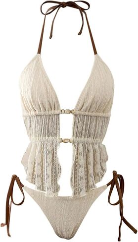 Verdusa 2 Piece Halter Tankini Swimsuits for Women Lace Backless Cheeky Bikini Set Cruise Outfits in Saudi Arabia
