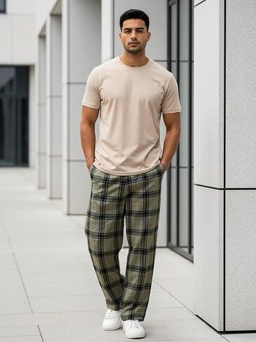 Men's Plaid & Striped Pajama Pants, Soft Lounge Bottoms with Elastic Waistband, Casual Wear Suitable for All Seasons in Saudi Arabia