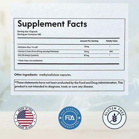 Methylene Blue Capsules 10 mg – Pharmaceutical Grade – with Vitamin C Ester – Non-GMO & Vegan – Made in USA – 180 Count in Saudi Arabia