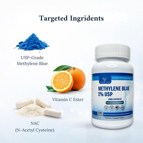 Methylene Blue Capsules 10 mg – Pharmaceutical Grade – with Vitamin C Ester – Non-GMO & Vegan – Made in USA – 180 Count in Saudi Arabia