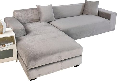 Stretch Sectional Couch Covers Velvet, Couch Cover L Shape 2 Piece L Shaped Sofa Cover Soft Furniture Protector with Elastic Bottom for Dogs Cats -Light Gray-3+2 Seater in Saudi Arabia
