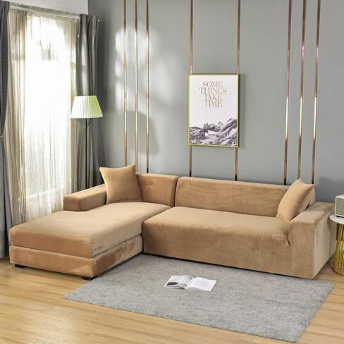 Stretch Sectional Couch Covers Velvet, Couch Cover L Shape 2 Piece L Shaped Sofa Cover Soft Furniture Protector with Elastic Bottom for Dogs Cats -Light Gray-3+2 Seater in Saudi Arabia