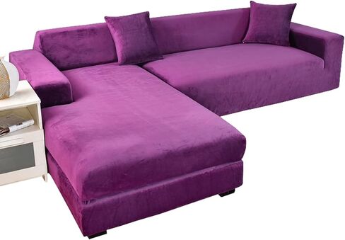 Stretch Sectional Couch Covers Velvet, Couch Cover L Shape 2 Piece L Shaped Sofa Cover Soft Furniture Protector with Elastic Bottom for Dogs Cats -Light Gray-3+2 Seater in Saudi Arabia