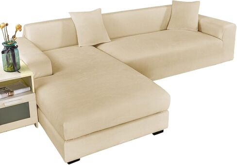 Stretch Sectional Couch Covers Velvet, Couch Cover L Shape 2 Piece L Shaped Sofa Cover Soft Furniture Protector with Elastic Bottom for Dogs Cats -Light Gray-3+2 Seater in Saudi Arabia