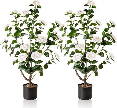 Artificial Camellia Tree,2Pack 3.2FT Faux White Camellia Plants in Pots,Lifelike Artificial Flower Trees for Indoor Outdoor Home Decor,Christmas,Realistic Blooming Faux Plants for Living Room Porch in Saudi Arabia