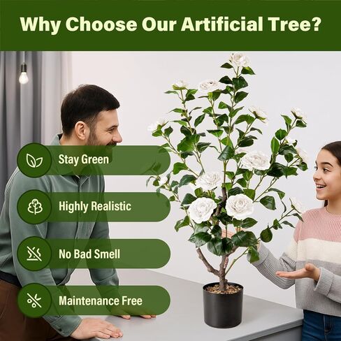 Artificial Camellia Tree,2Pack 3.2FT Faux White Camellia Plants in Pots,Lifelike Artificial Flower Trees for Indoor Outdoor Home Decor,Christmas,Realistic Blooming Faux Plants for Living Room Porch in Saudi Arabia