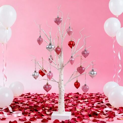 ضوء شجرة عيد الحب مع 24 مصباح LED أبيض دافئ، شجرة منضدية LED مع قلوب معلقة، ديكور عيد الحب الرومانسي للمنزل، الزفاف، سطح الطاولة in Kuwait
