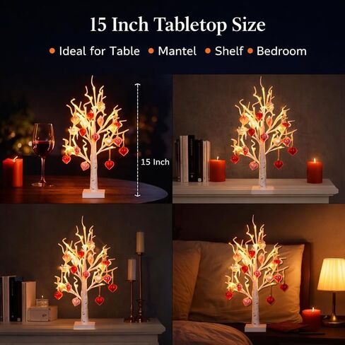 ضوء شجرة عيد الحب مع 24 مصباح LED أبيض دافئ، شجرة منضدية LED مع قلوب معلقة، ديكور عيد الحب الرومانسي للمنزل، الزفاف، سطح الطاولة in Kuwait