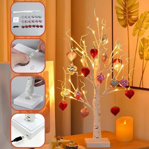 ضوء شجرة عيد الحب مع 24 مصباح LED أبيض دافئ، شجرة منضدية LED مع قلوب معلقة، ديكور عيد الحب الرومانسي للمنزل، الزفاف، سطح الطاولة in Kuwait