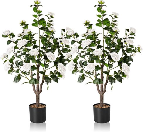 Artificial Camellia Tree,2Pack 3.2FT Faux White Camellia Plants in Pots,Lifelike Artificial Flower Trees for Indoor Outdoor Home Decor,Christmas,Realistic Blooming Faux Plants for Living Room Porch in Saudi Arabia
