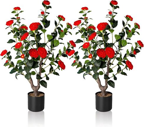 Artificial Camellia Tree,2Pack 3.2FT Faux White Camellia Plants in Pots,Lifelike Artificial Flower Trees for Indoor Outdoor Home Decor,Christmas,Realistic Blooming Faux Plants for Living Room Porch in Saudi Arabia