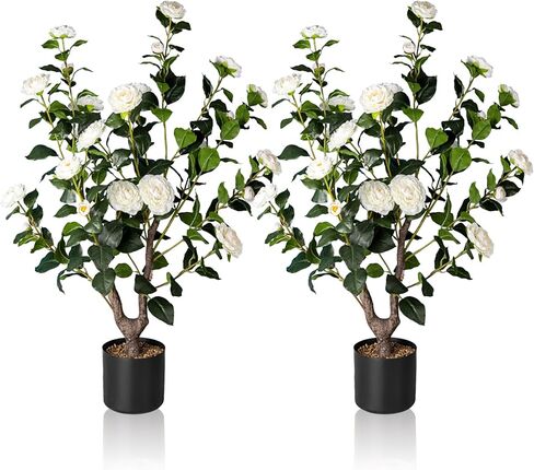 Artificial Camellia Tree,2Pack 3.2FT Faux White Camellia Plants in Pots,Lifelike Artificial Flower Trees for Indoor Outdoor Home Decor,Christmas,Realistic Blooming Faux Plants for Living Room Porch in Saudi Arabia