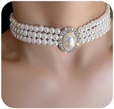 Xerling Boho Layered Black Faux Pearl Rhinestone Crystal Pendant Choker 3 Tier Multi-row 1920s Pearl Jewelry Necklaces for Women (Black) in Saudi Arabia