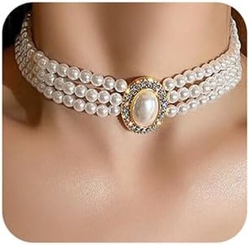 Xerling Boho Layered Black Faux Pearl Rhinestone Crystal Pendant Choker 3 Tier Multi-row 1920s Pearl Jewelry Necklaces for Women (Black) in Saudi Arabia