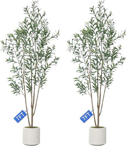 2 Pack Artificial Olive Tree, 7FT Tall Faux Olive Tree for Decoration，with White Planter and Fake Moss, Fruit for Home Office Decor(2, 7 FT) in Saudi Arabia