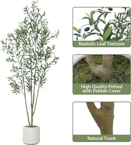 2 Pack Artificial Olive Tree, 7FT Tall Faux Olive Tree for Decoration，with White Planter and Fake Moss, Fruit for Home Office Decor(2, 7 FT) in Saudi Arabia