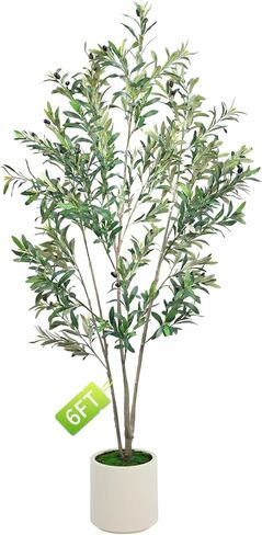 2 Pack Artificial Olive Tree, 7FT Tall Faux Olive Tree for Decoration，with White Planter and Fake Moss, Fruit for Home Office Decor(2, 7 FT) in Saudi Arabia