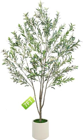 2 Pack Artificial Olive Tree, 7FT Tall Faux Olive Tree for Decoration，with White Planter and Fake Moss, Fruit for Home Office Decor(2, 7 FT) in Saudi Arabia