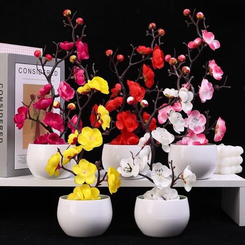 1PC Artificial Plum Blossom Potted Plants Plastic Fake Plant Bonsai Home Office Garden Desktop Decoration,28 * 11cm (White) in Saudi Arabia