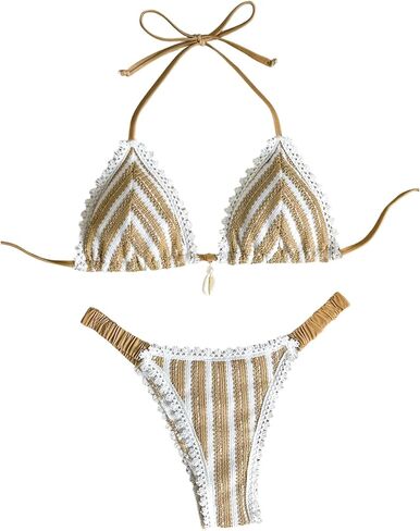 Verdusa Women's 2 Piece Boho Lace Halter Bikini Set Textured High Cut Swimsuits Beach Vacation Clothes in Saudi Arabia
