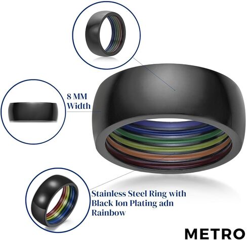 Metro Jewelry Black Zirconium Rainbow Inside Band Ring for Men - 8 MM Wide Band - Anniversary Ring Size 8 to 12 in Saudi Arabia