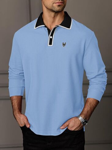 Men Pique Long Sleeve Polo Casual Business Doberman Embroidery Color Block Collared Shirt (S-XXL) in Saudi Arabia