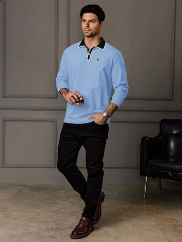 Men Pique Long Sleeve Polo Casual Business Doberman Embroidery Color Block Collared Shirt (S-XXL) in Saudi Arabia