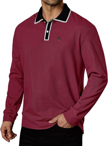 Men Pique Long Sleeve Polo Casual Business Doberman Embroidery Color Block Collared Shirt (S-XXL) in Saudi Arabia