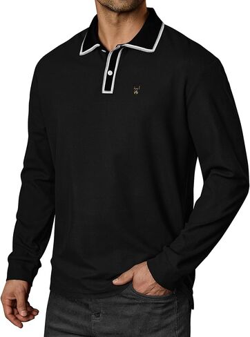 Men Pique Long Sleeve Polo Casual Business Doberman Embroidery Color Block Collared Shirt (S-XXL) in Saudi Arabia