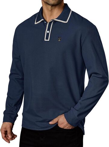 Men Pique Long Sleeve Polo Casual Business Doberman Embroidery Color Block Collared Shirt (S-XXL) in Saudi Arabia