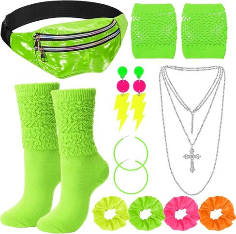 10 Pcs 80s Women Fancy Costumes Accessories Waist Bag Earring Fishnet Glove Necklace Leg Warmer Scrunchie in Saudi Arabia