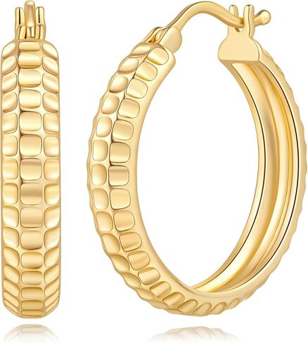 Gold Earrings for Women 14K Gold Hoops Earrings for Women Hoop Earring for Womens Hoops Textured Square-Pattern Design Womens Hoop Earring in Saudi Arabia