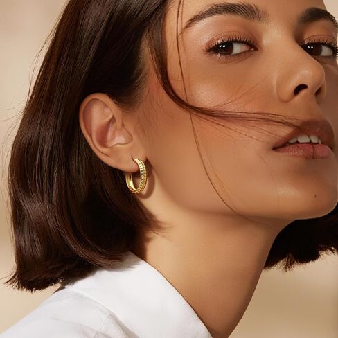 Gold Earrings for Women 14K Gold Hoops Earrings for Women Hoop Earring for Womens Hoops Textured Square-Pattern Design Womens Hoop Earring in Saudi Arabia