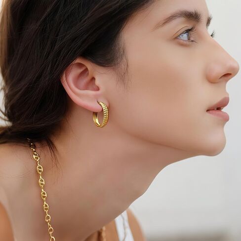 Gold Earrings for Women 14K Gold Hoops Earrings for Women Hoop Earring for Womens Hoops Textured Square-Pattern Design Womens Hoop Earring in Saudi Arabia