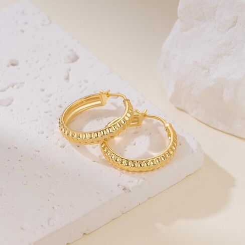 Gold Earrings for Women 14K Gold Hoops Earrings for Women Hoop Earring for Womens Hoops Textured Square-Pattern Design Womens Hoop Earring in Saudi Arabia