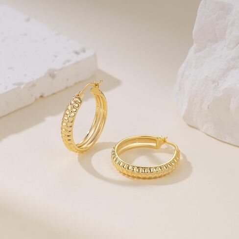 Gold Earrings for Women 14K Gold Hoops Earrings for Women Hoop Earring for Womens Hoops Textured Square-Pattern Design Womens Hoop Earring in Saudi Arabia