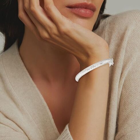 Diamond2Deal Sterling Silver Rhodium-plated Polished and Diamond-Cut 7.00mm Hinged Bangle Bracelet for Mom in Saudi Arabia