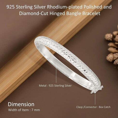 Diamond2Deal Sterling Silver Rhodium-plated Polished and Diamond-Cut 7.00mm Hinged Bangle Bracelet for Mom in Saudi Arabia