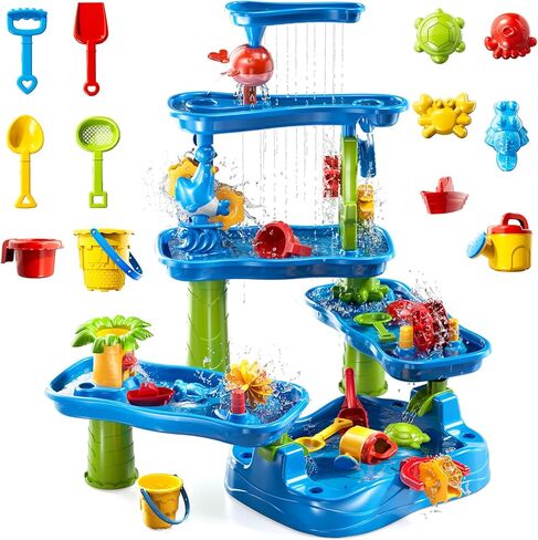 3-Tier Kids Water Table for Toddlers Kids Ages 3-5 4-8, Summer Outdoor Water Table Beach Kids Toys, Toddler Sensory Activity Sand Box Play Set with Rain Showers Splash Pond for Boys Girls in Saudi Arabia