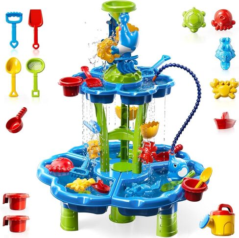 3-Tier Kids Water Table for Toddlers Kids Ages 3-5 4-8, Summer Outdoor Water Table Beach Kids Toys, Toddler Sensory Activity Sand Box Play Set with Rain Showers Splash Pond for Boys Girls in Saudi Arabia