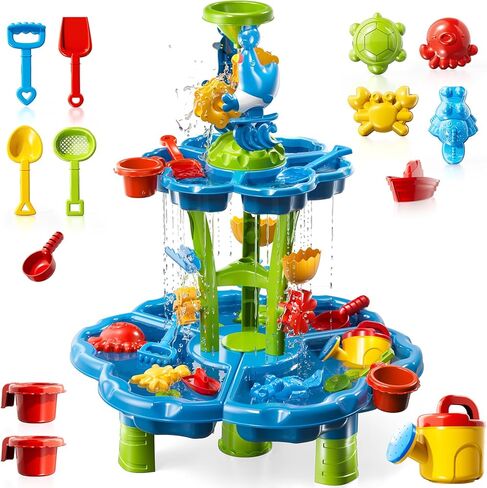 3-Tier Kids Water Table for Toddlers Kids Ages 3-5 4-8, Summer Outdoor Water Table Beach Kids Toys, Toddler Sensory Activity Sand Box Play Set with Rain Showers Splash Pond for Boys Girls in Kuwait