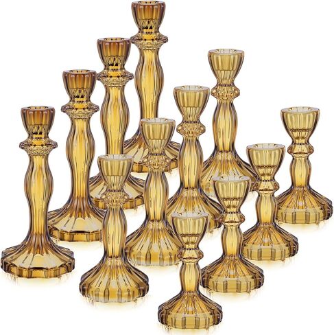 Mumufy 12 Pcs Taper Candle Holders Valentines Glass Candlestick Holder Fit 0.8 Inch Candles 4'' 6'' 8'' Tall Crystal Decorative Candlestick Stand Centerpiece for Valentines Wedding Proposal (Amber) in Saudi Arabia