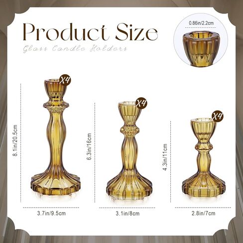 Mumufy 12 Pcs Taper Candle Holders Valentines Glass Candlestick Holder Fit 0.8 Inch Candles 4'' 6'' 8'' Tall Crystal Decorative Candlestick Stand Centerpiece for Valentines Wedding Proposal (Amber) in Saudi Arabia