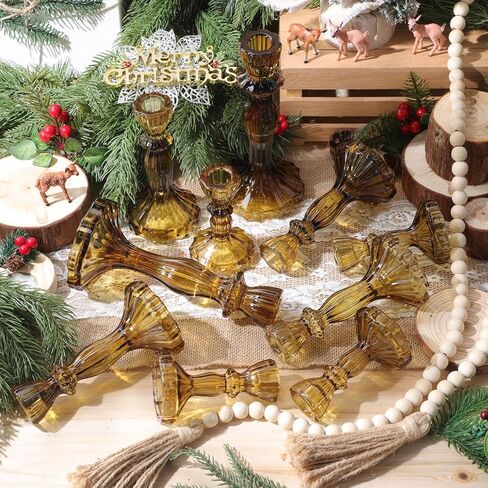 Mumufy 12 Pcs Taper Candle Holders Valentines Glass Candlestick Holder Fit 0.8 Inch Candles 4'' 6'' 8'' Tall Crystal Decorative Candlestick Stand Centerpiece for Valentines Wedding Proposal (Amber) in Saudi Arabia